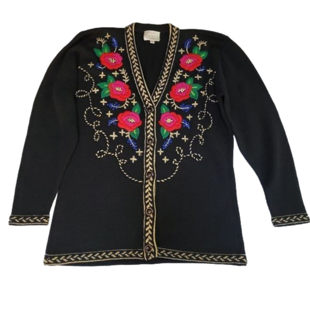 Vintage Susan Bristol Black Floral Cardigan Sweater Medium Ugly Holiday EUC